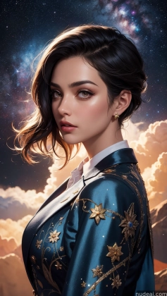 a close up of a woman in a blue dress with a sky background