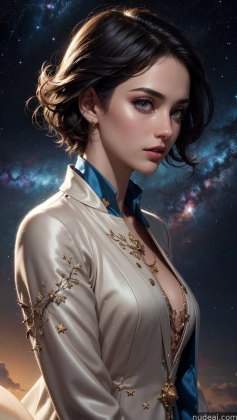 arafed image of a woman in a dress and jacket with a sky background