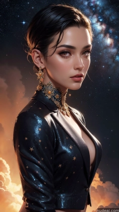 a close up of a woman in a leather jacket with a sky background
