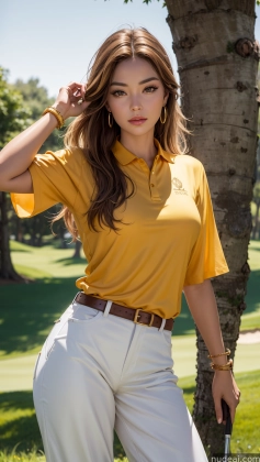 arafed woman in a yellow shirt and white pants posing for a picture