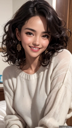 araffed asian woman with curly hair sitting on a bed