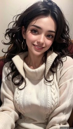 araffed woman with long black hair wearing a white sweater