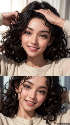 there are two pictures of a woman with curly hair and a smile