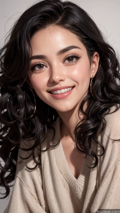 arafed woman with long black hair and a sweater smiling