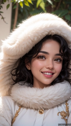 araffe woman in a white coat and fur hat smiling
