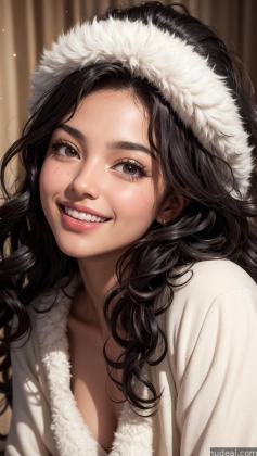 araffe woman with long black hair wearing a white hat and smiling