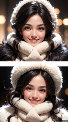 arafed image of a woman wearing a furry hat and scarf