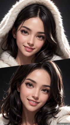 there are two pictures of a woman with a hood on