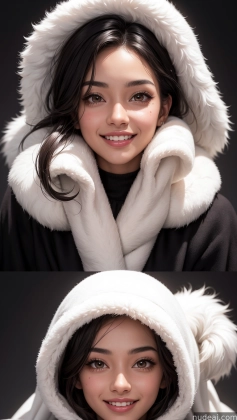 a close up of a woman wearing a white hoodie and a black top