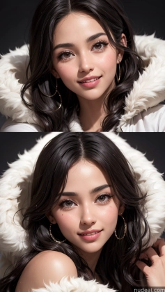 a close up of a woman with a furry coat on