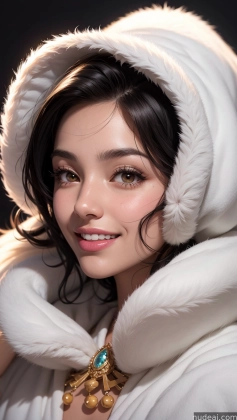 arafed woman in a white coat and a fur hat