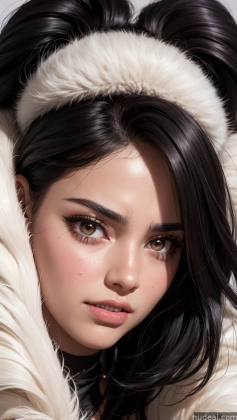 arafed woman with long black hair wearing a white fur coat