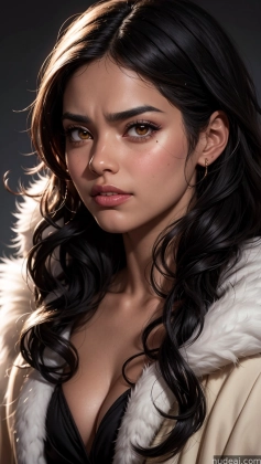 arafed woman with long black hair and a white fur coat