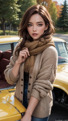 arafed woman in a tan sweater and scarf standing next to a yellow car