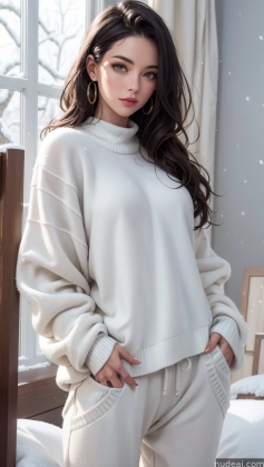 arafed woman in a white sweater and pants standing in front of a window