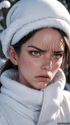 arafed woman in white coat and white hat with snow on her face