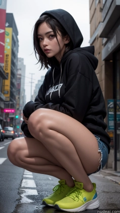arafed woman crouching down on the street with a hoodie on