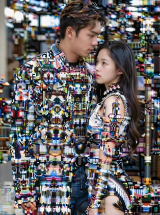 araffes a man and a woman standing in front of a wall of cell phones