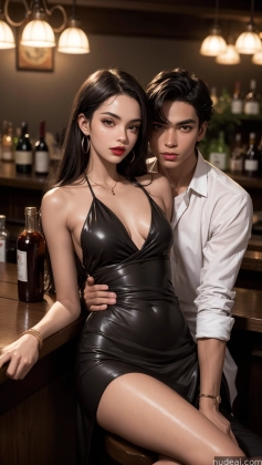 they are posing for a picture in a bar with a bottle of alcohol