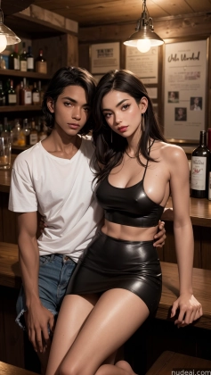 there is a man and a woman sitting on a bar