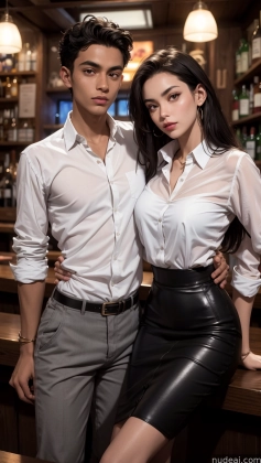 they are posing for a picture in a bar with a man and woman