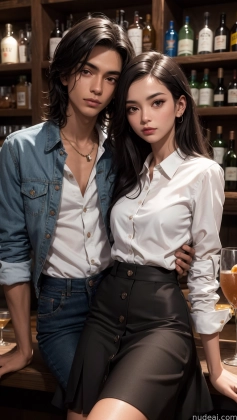they are posing for a picture in front of a bar