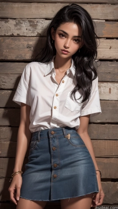 arafed woman in a white shirt and denim skirt posing for a picture