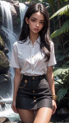 arafed woman in a white shirt and black skirt standing in front of a waterfall