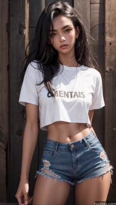 arafed woman in a white shirt and denim shorts posing for a picture