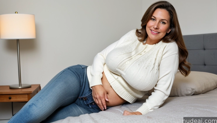 pregnant woman sitting on bed with white sweater and jeans