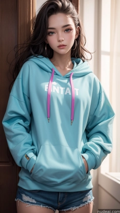 arafed woman in a blue hoodie standing in front of a window
