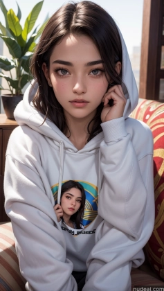 a close up of a woman wearing a hoodie sitting on a couch