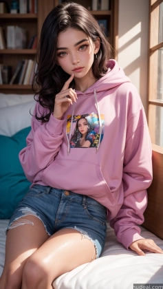 arafed woman sitting on a bed with a pink hoodie