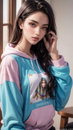 a close up of a woman wearing a pink and blue hoodie