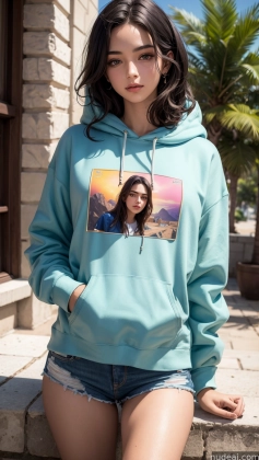 a woman wearing a blue hoodie with a picture of a woman on it