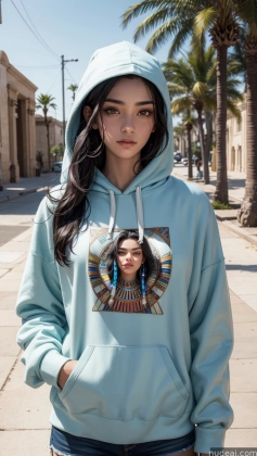 arafed woman wearing a hoodie with a picture of a woman on it