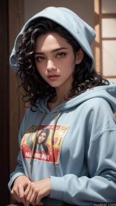 arafed woman in a blue hoodie sitting at a table