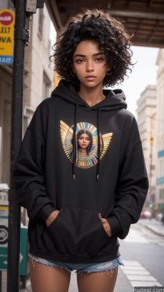 arafed woman in a black hoodie standing on a city street