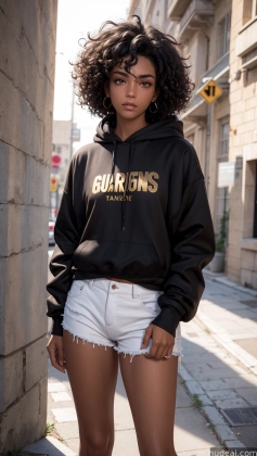 arafed woman in a black hoodie and white shorts standing on a sidewalk