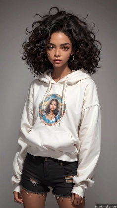 a close up of a woman wearing a white hoodie and ripped shorts