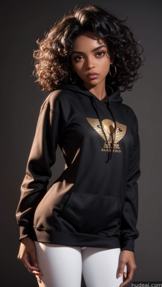 a woman in a black hoodie with a golden eagle on it