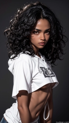 arafed woman with a white shirt and jeans posing for a picture