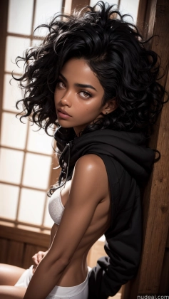 arafed woman with a black jacket and white underwear posing for a picture