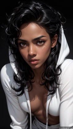 a close up of a woman with a hoodie on posing for a picture