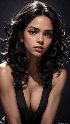 arafed woman with black hair and a black dress posing for a picture