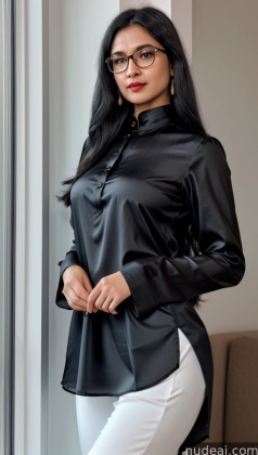 arafed woman in black shirt and white pants standing by a window