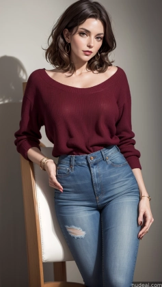 arafed woman in a red sweater and jeans posing for a picture