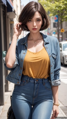 arafed woman in a yellow top and blue jeans walking down a street