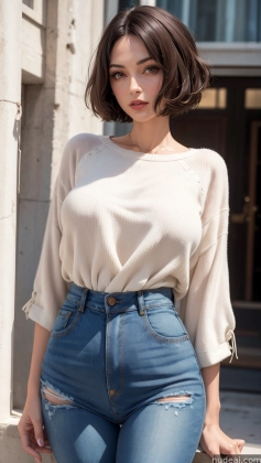 arafed woman in a white shirt and jeans posing for a picture
