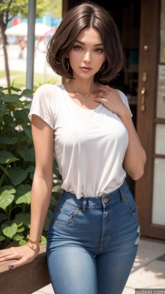 araffed woman in white shirt and jeans leaning on a wooden fence